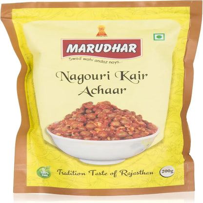 Marudhar Nagouri Kair Achaar packaging with a bowl of pickled lentils on a yellow background