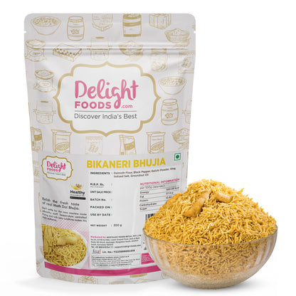 Bikanei Bhujia packet with bowl filled with bhujia