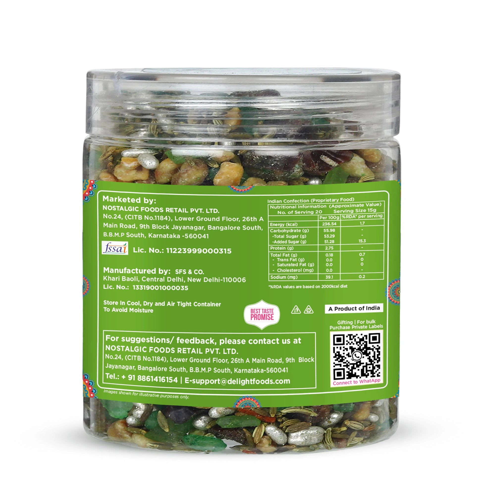 Clear jar with green label containing dried herbs on a white background