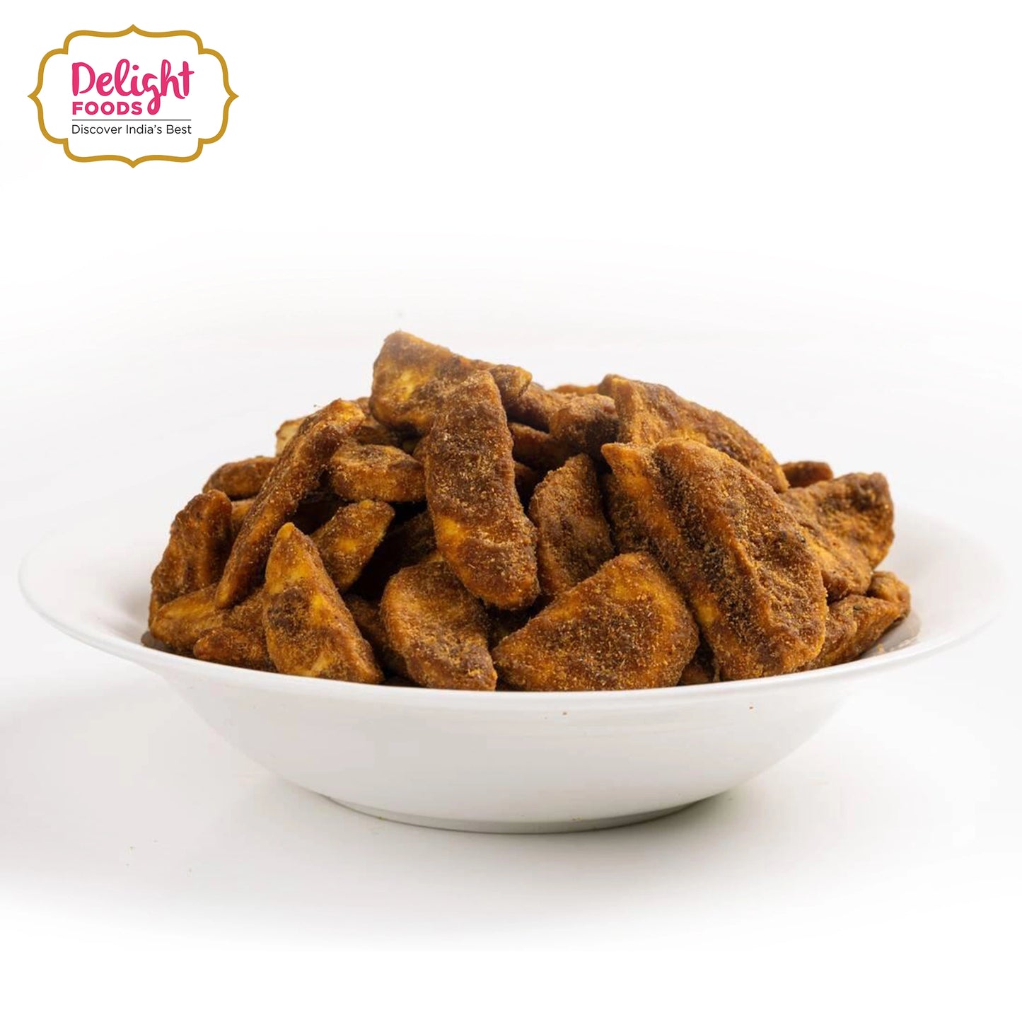 White bowl  brown snack  with 'Delight Foods' logo.