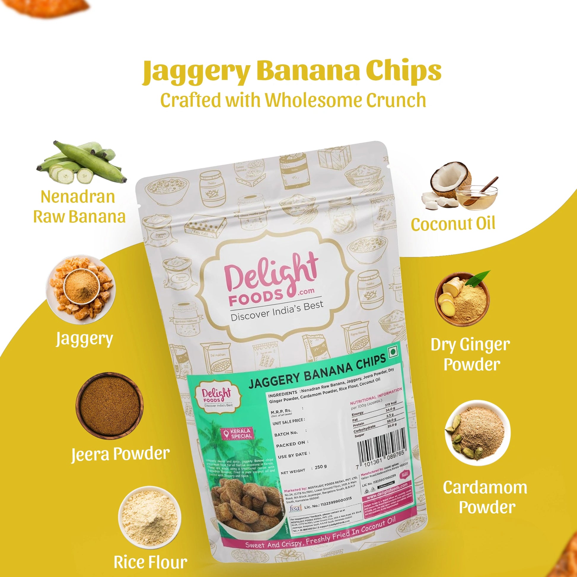 Delight Foods Jaggery Banana Chips with ingredients listed