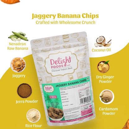 Delight Foods Jaggery Banana Chips with ingredients listed