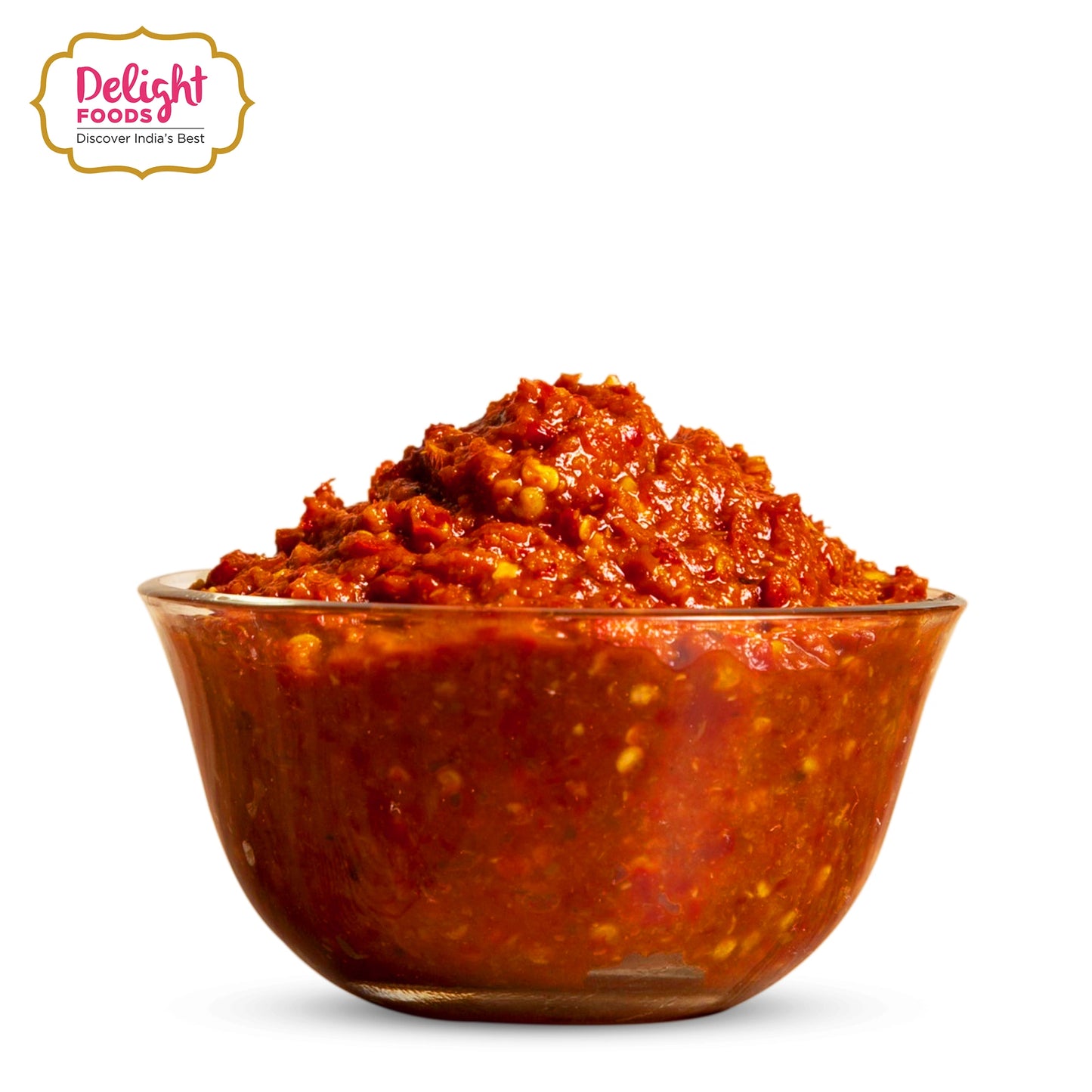 Glass bowl of red chutney with 'Delight Foods' logo on a white background