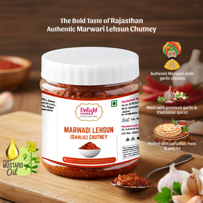 Jar of Marwari Lehsun Garlic Chutney with branding and product details on a wooden surface.