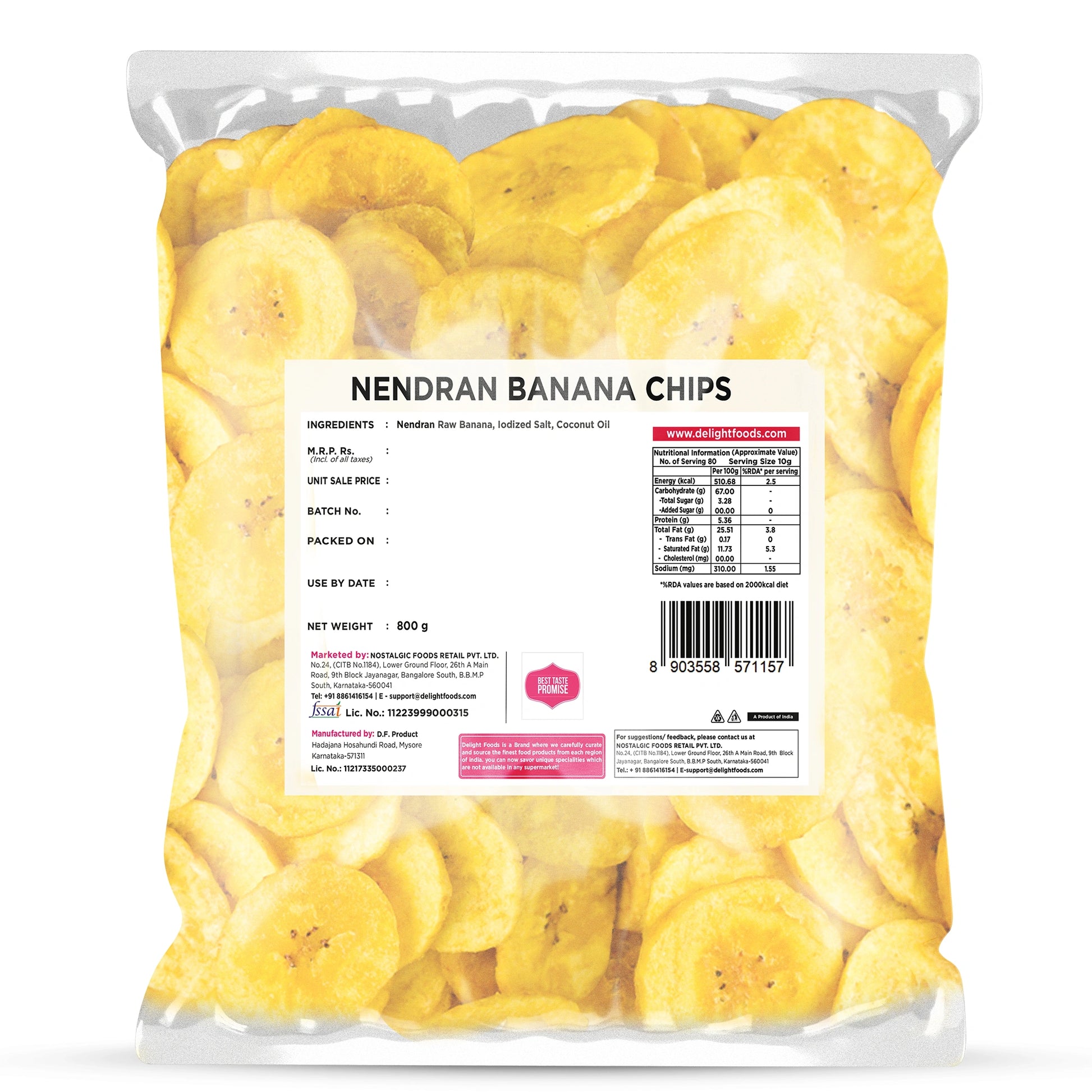 Packaged Nendran banana chips with a clear front and visible label