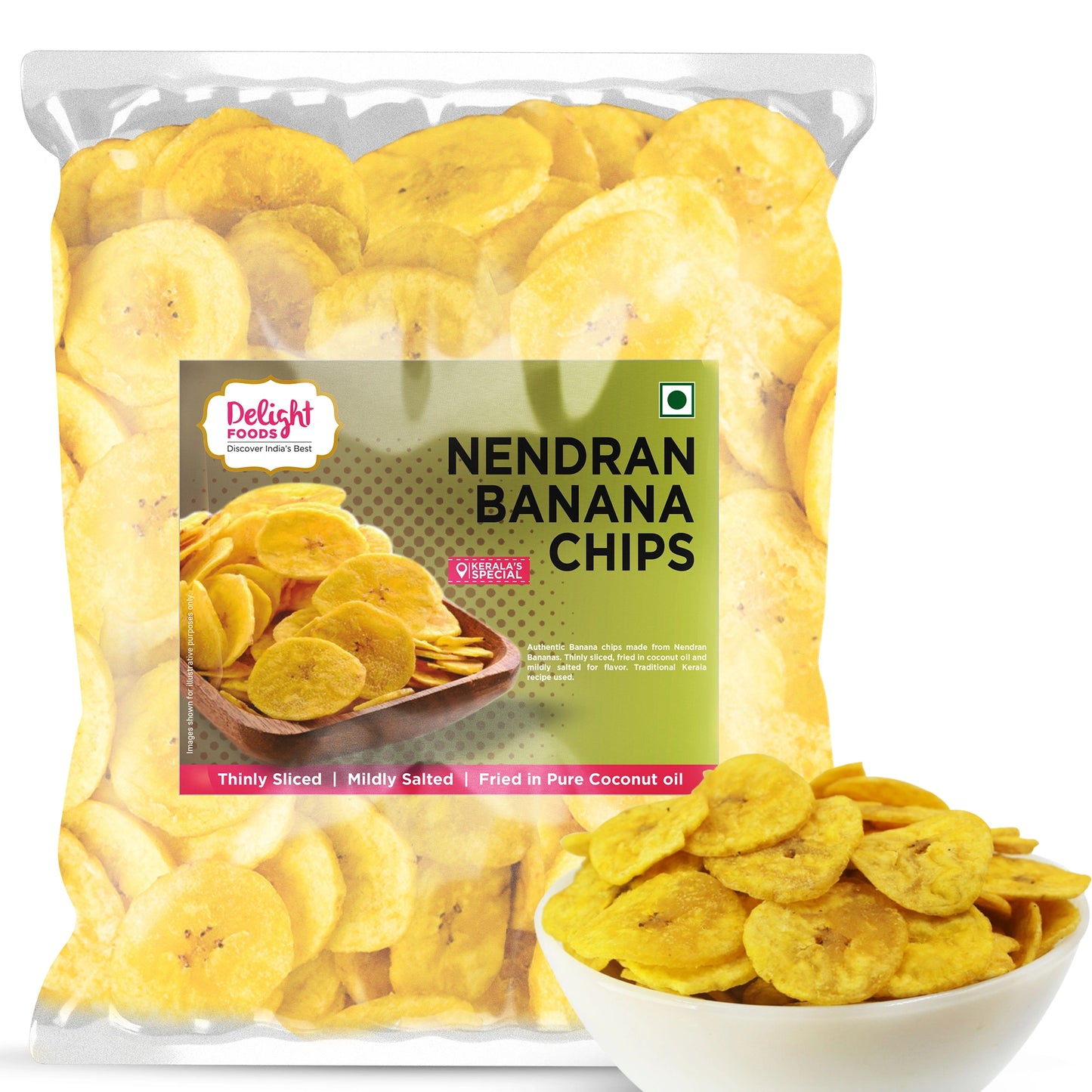 Packaged Nendran banana chips with Delight Foods
