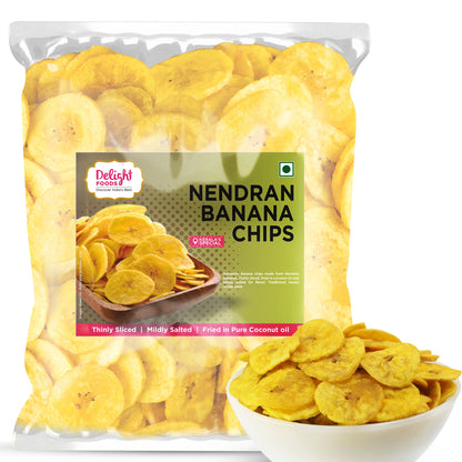 Packaged Nendran banana chips with Delight Foods branding 