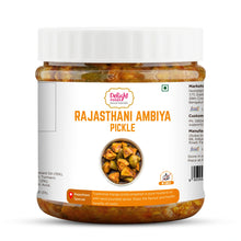 Jar of Rajasthani Ambiya Pickle with a white label on a white background
