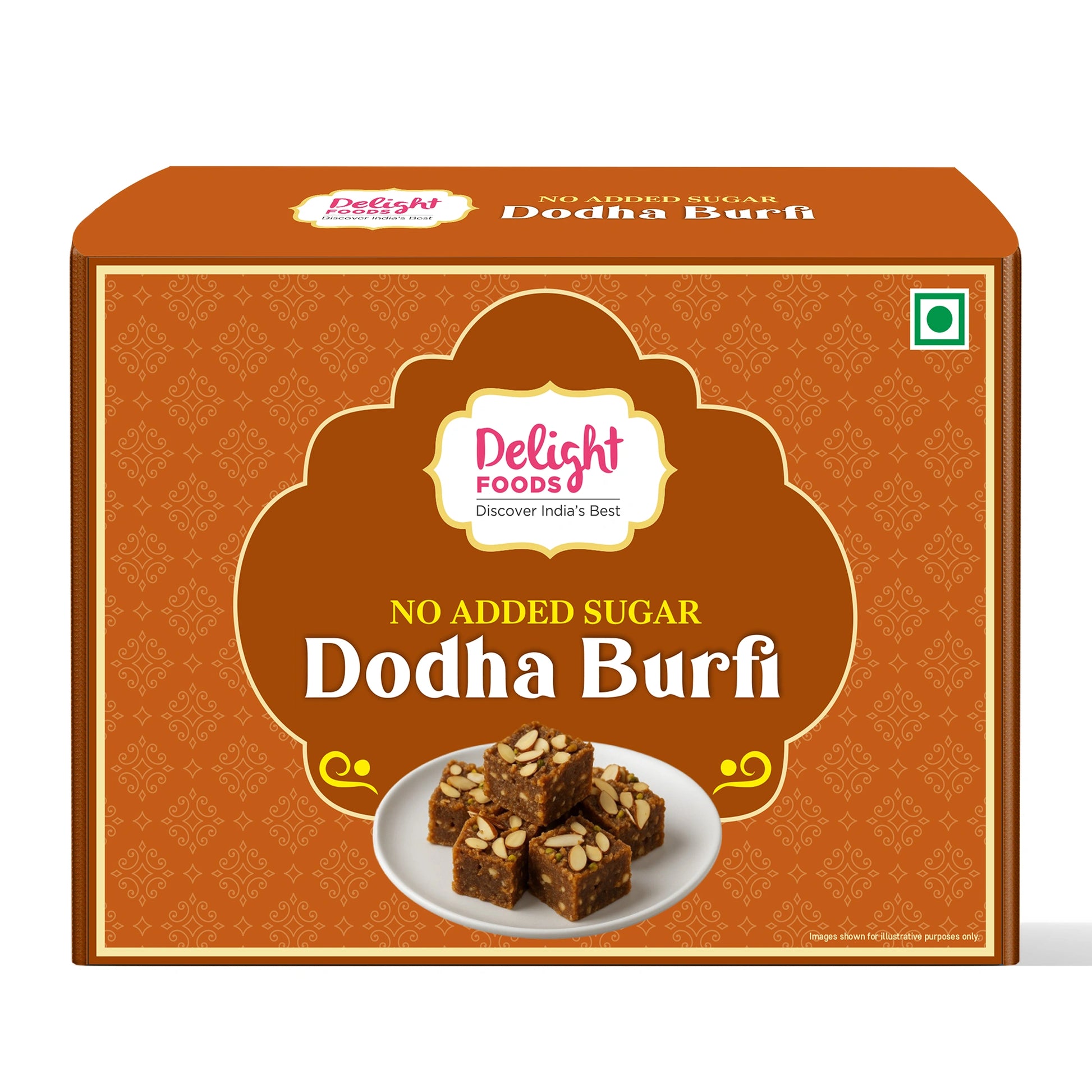 Box of Delight Foods No Added Sugar Dodha Burfi on a white background